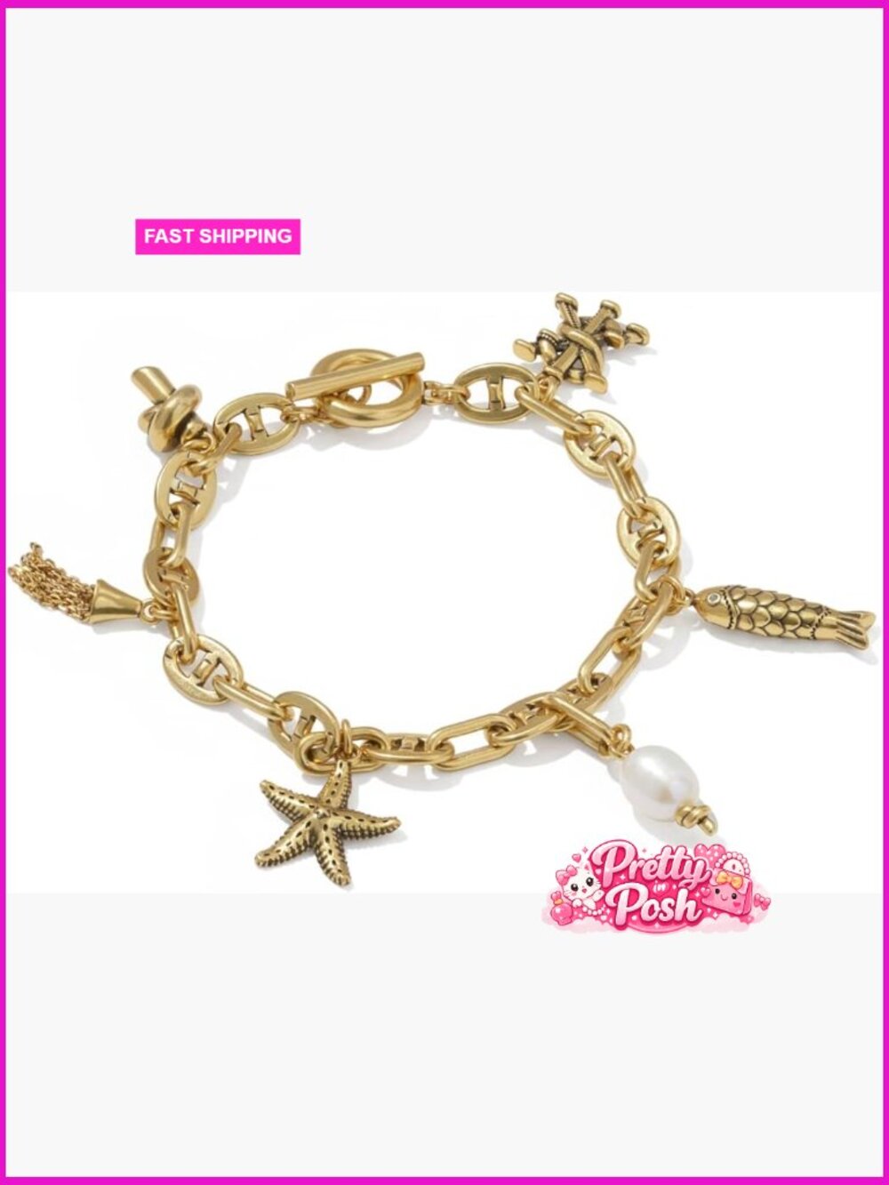 Charm Bracelet with Fish, Starfish, Tassel, Nautical Knot & Cultured Pearl -
